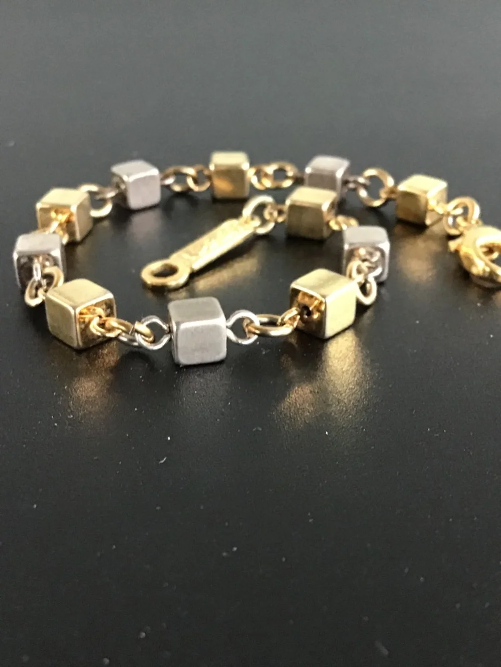Vintage Signed Napier 1980s Two Tone Cube Link Bracelet 7” Minimalist